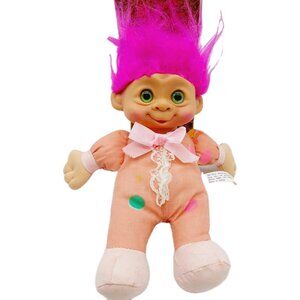 Multi Toys Corp Troll Doll Plush 7" Purple Hair Pink Cloth Body Green Eyes Vinta